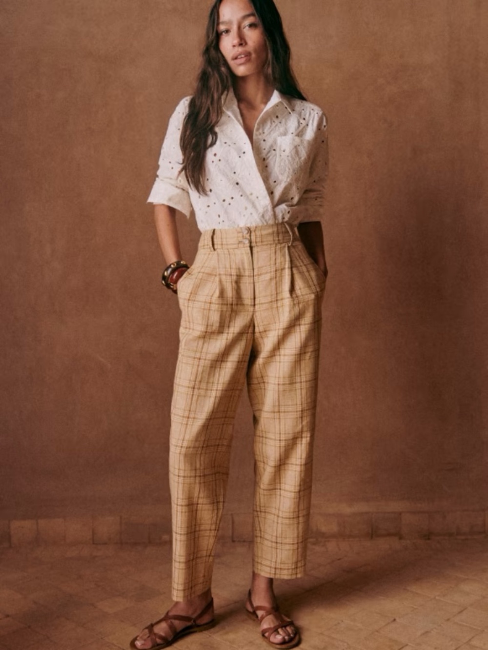 Sezane Cyprien Plaid Cropped Trousers in Ochre Check Size 36